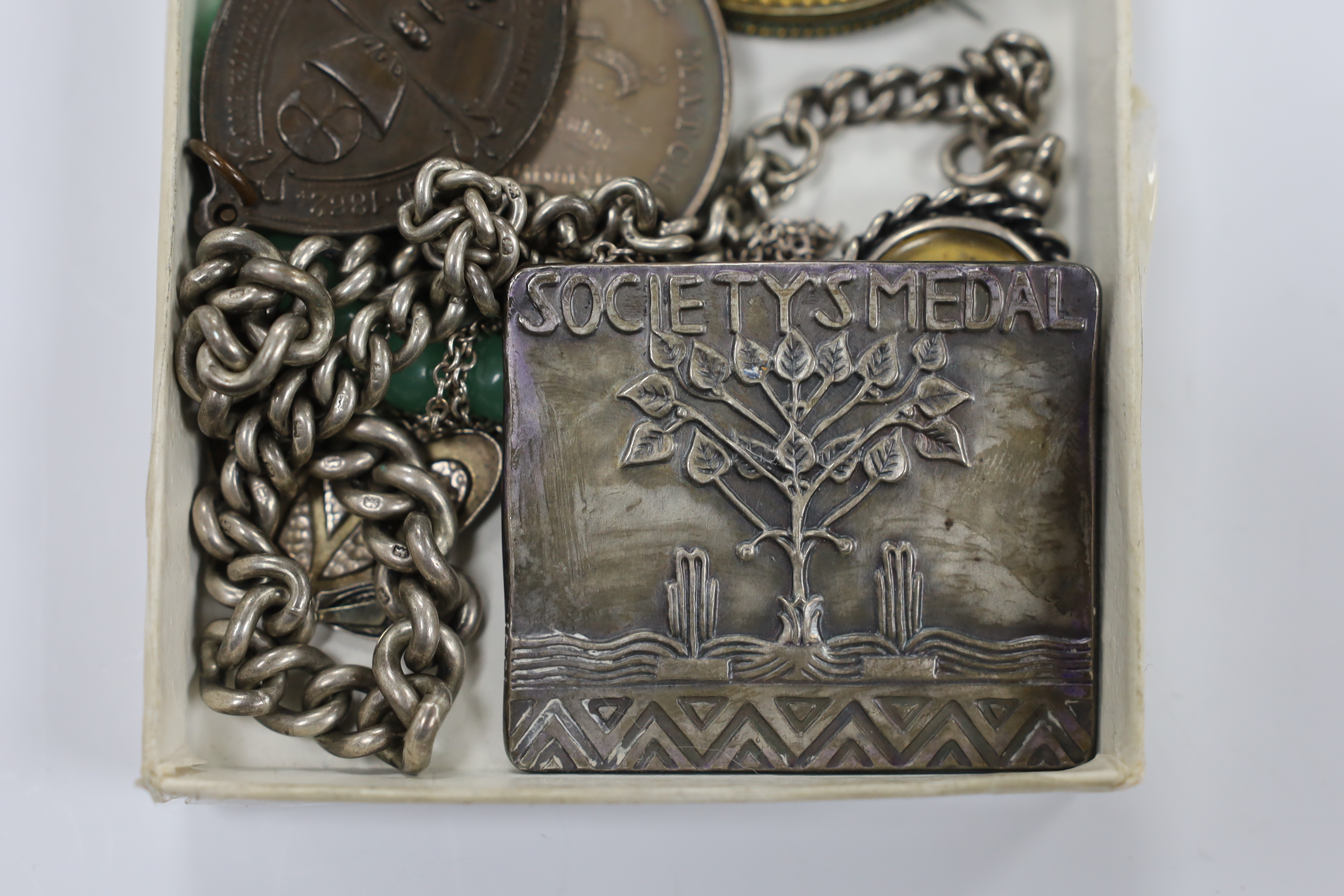 Sundry jewellery etc. including two simulated jade necklaces, a late Victorian silver brooch, a silver compass fob on a silver albert and an Art Nouveau style enamelled white meal drop pendant.